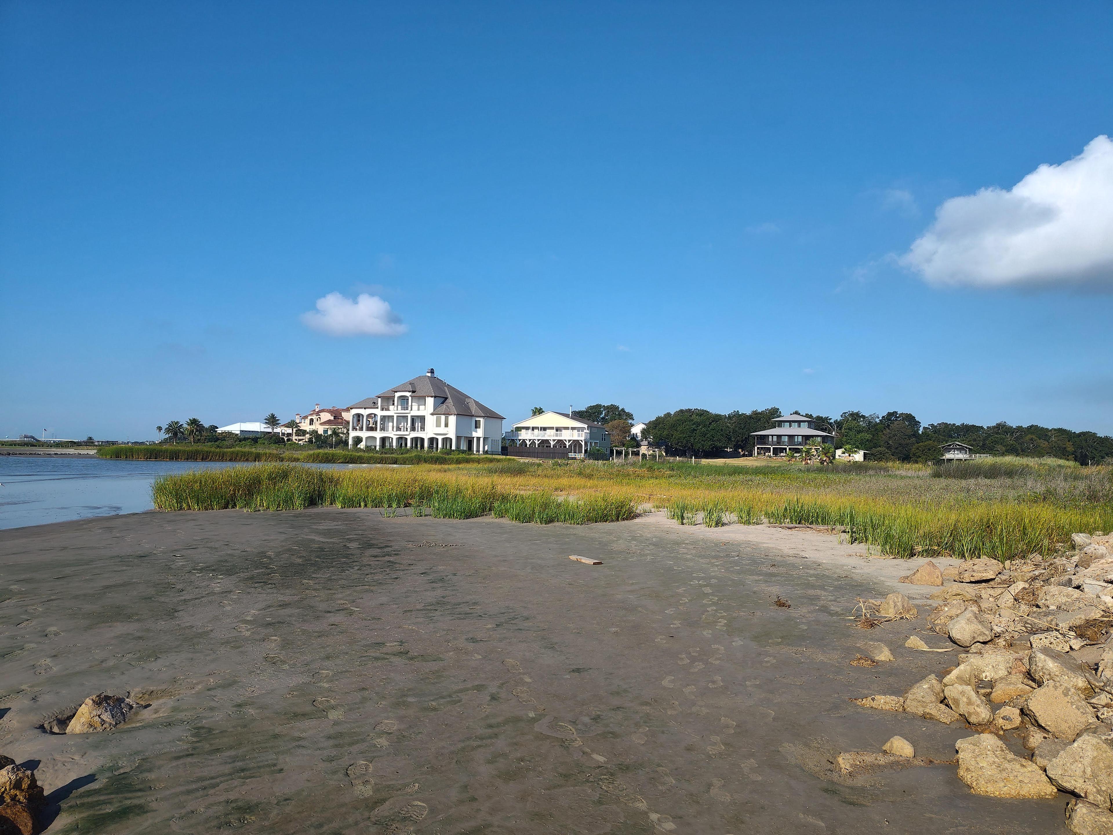 Salt marsh grass and tidal flats along the Seabrook shoreline, with waterfront homes and oaks beyond and Galveston Bay to the left