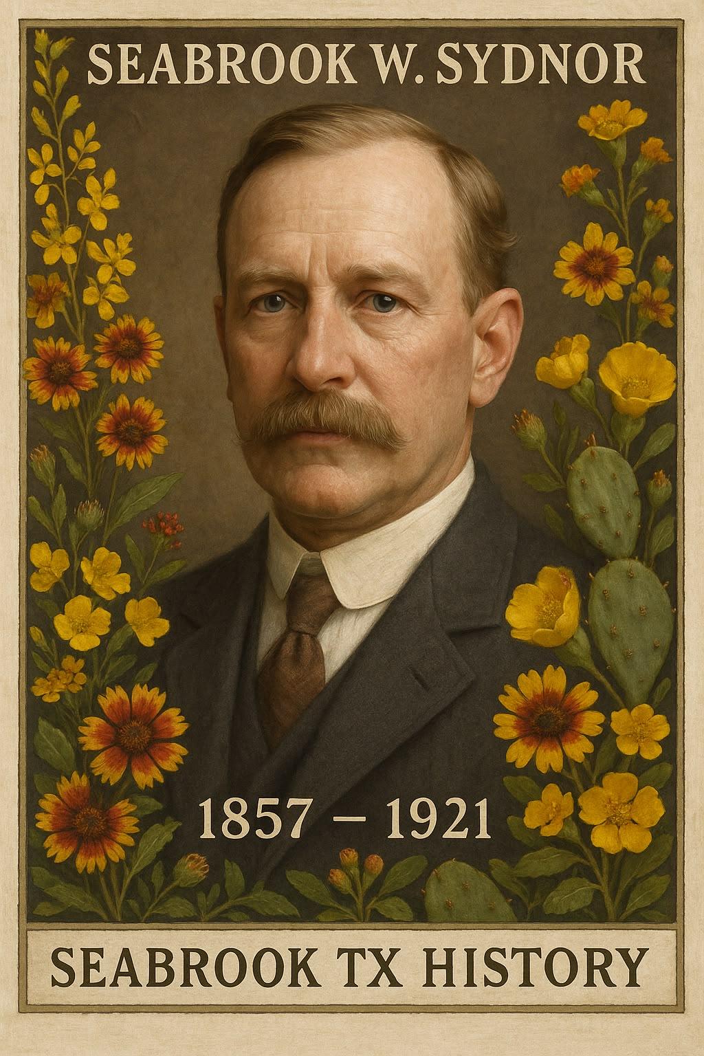 Illustrated portrait of Seabrook W. Sydnor, 1857 to 1921, framed with Texas wildflowers and captioned Seabrook TX History